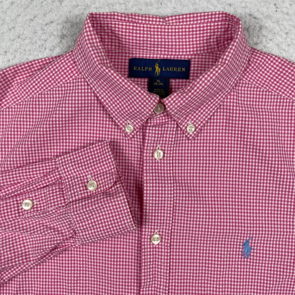 Ralph Lauren Button Down Shirt Boys XL Pink White Gingham Cotton Preppy Classic